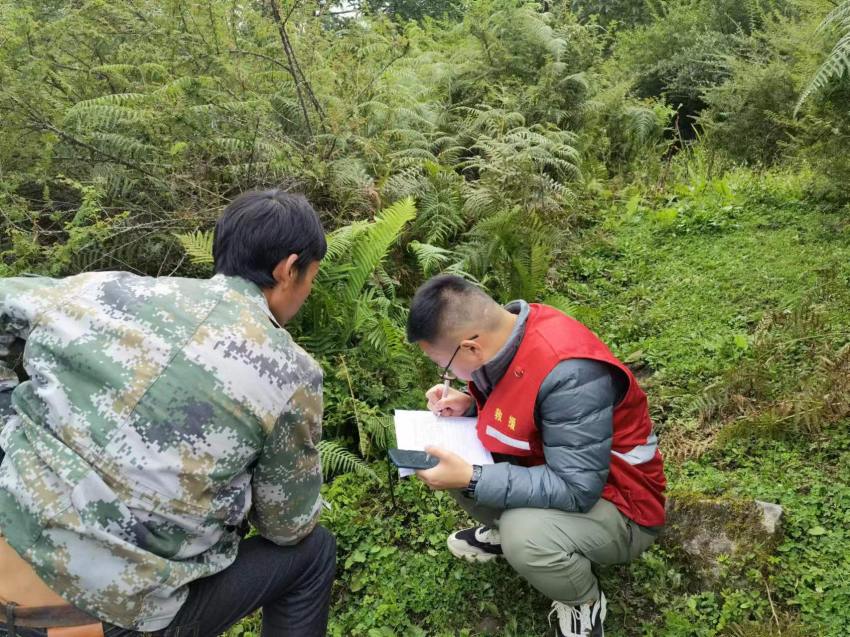 282大隊技術人員在燕子溝鎮喇嘛溝村對高家坪滑坡現場變形跡象及成災史進行核查。四川省地質局供圖