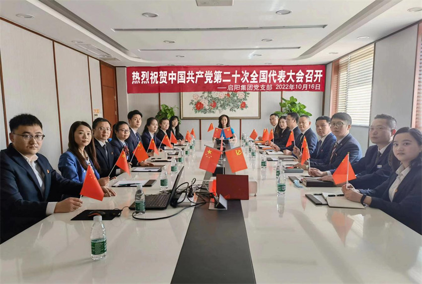 四川啟陽汽車集團全體員工，集中收聽收看黨的二十大開幕會電視直播。天府新區黨工委統戰部供圖