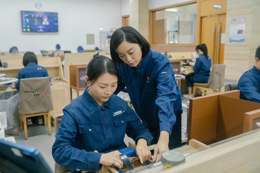 四川中煙長城雪茄廠手工車間卷制大師李秋月（右）正在對團隊成員進行指導。四川中煙工業有限責任公司供圖