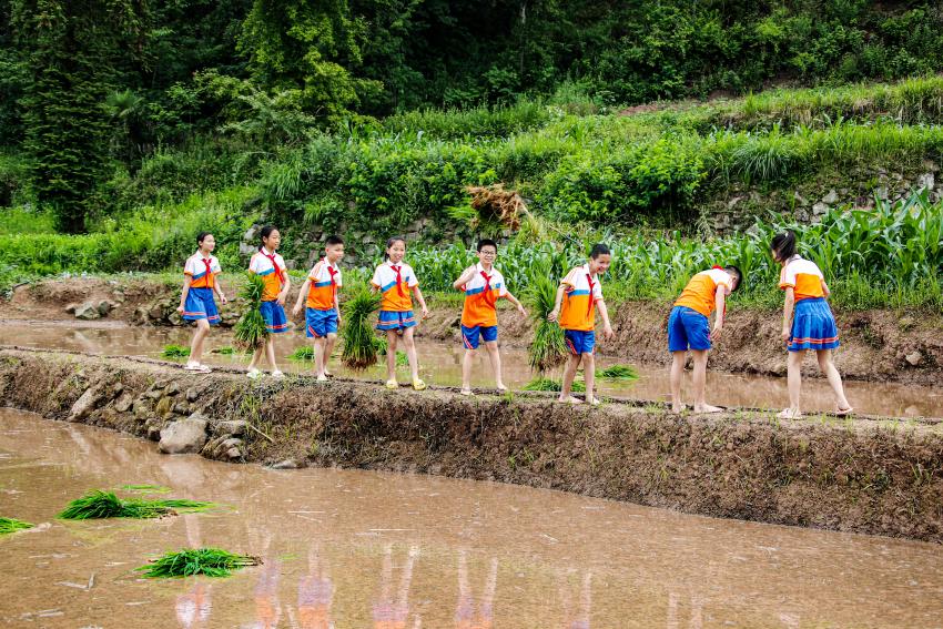 孩子們準備下田插秧。宣漢縣委宣傳部供圖