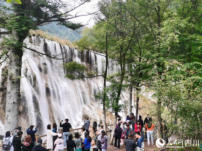 觀賞九寨溝瀑布。人民網記者 劉海天攝