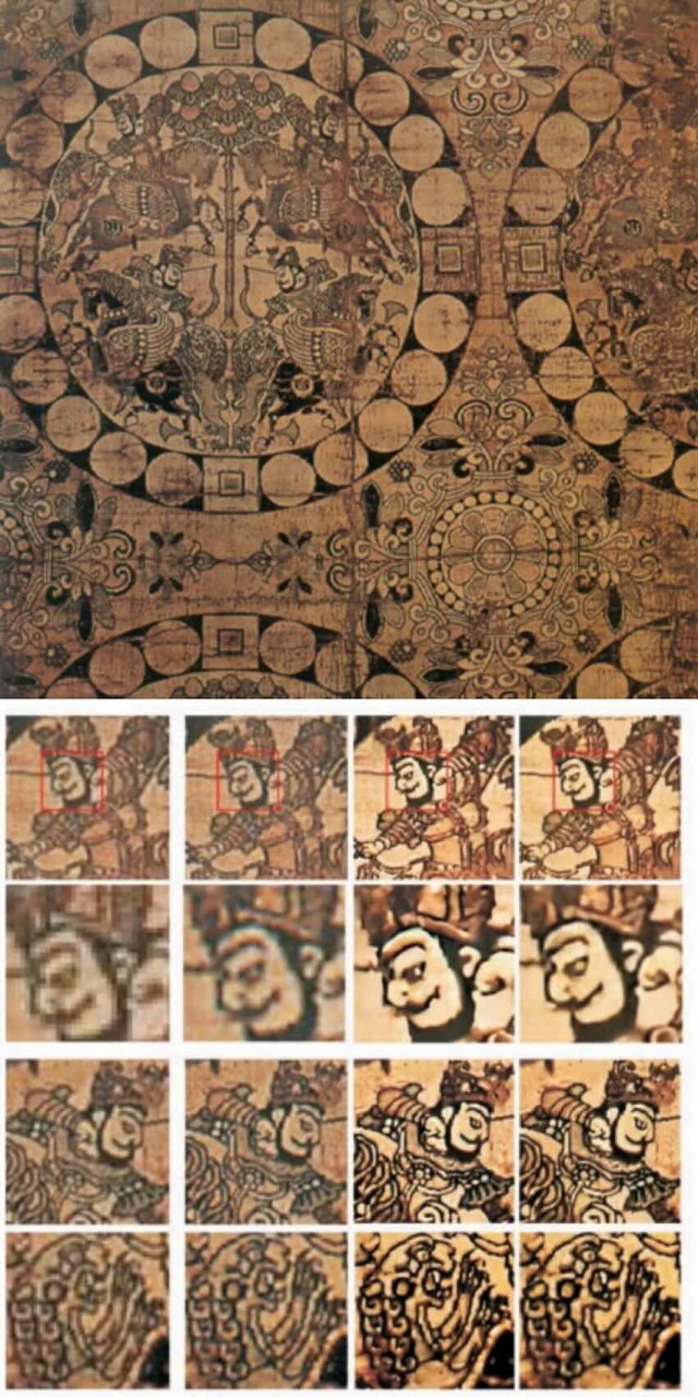 “四天王狩獅紋錦”用不同方法還原的結果。第四列為四川省絲綢科學研究院復原的結果。受訪者供圖