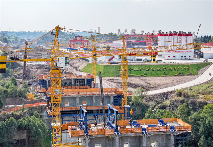 施工人員在四川省廣安華鎣市明月鎮境內的西渝高鐵廣安東站制梁場四線橋橋墩上緊張作業。邱海鷹攝