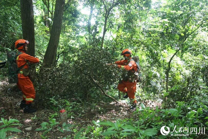 5月1日，林區深處，消防員們正在巡護火情火點。程雪力攝