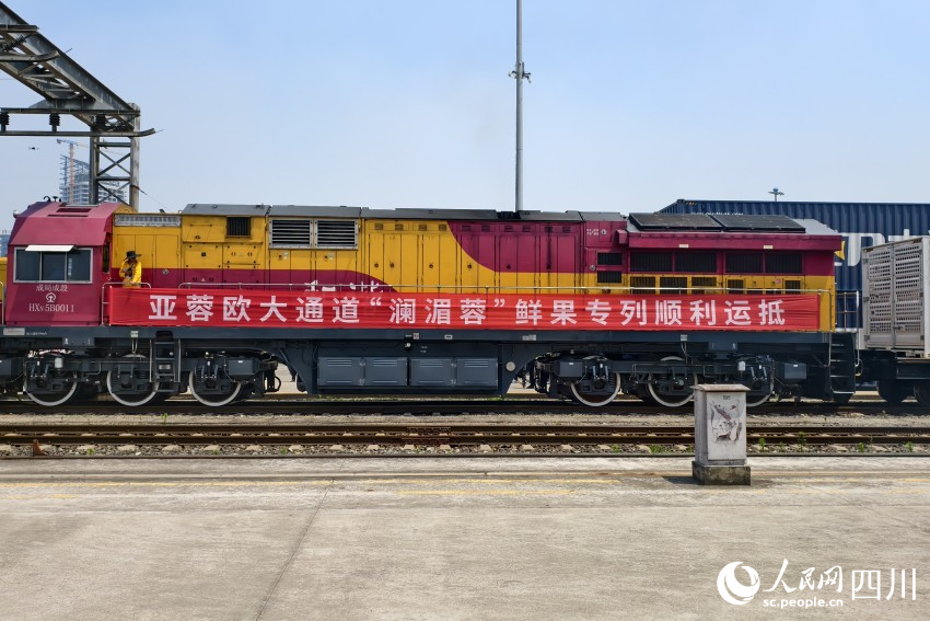 亞蓉歐大通道“瀾湄蓉”鮮果專列順利運抵。人民網 趙祖樂攝