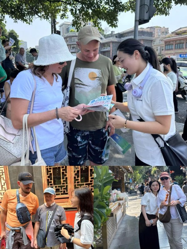 工商銀行世運會志愿者為外籍游客提供路線指引。盧靜供圖