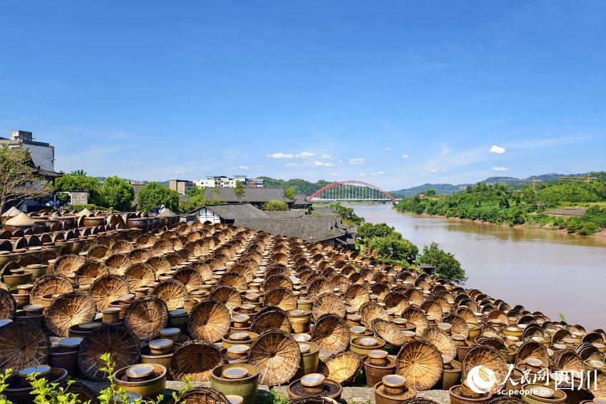 先市醬油赤水河莊園內釀造醬油的陶缸整齊排列。人民網 趙祖樂攝